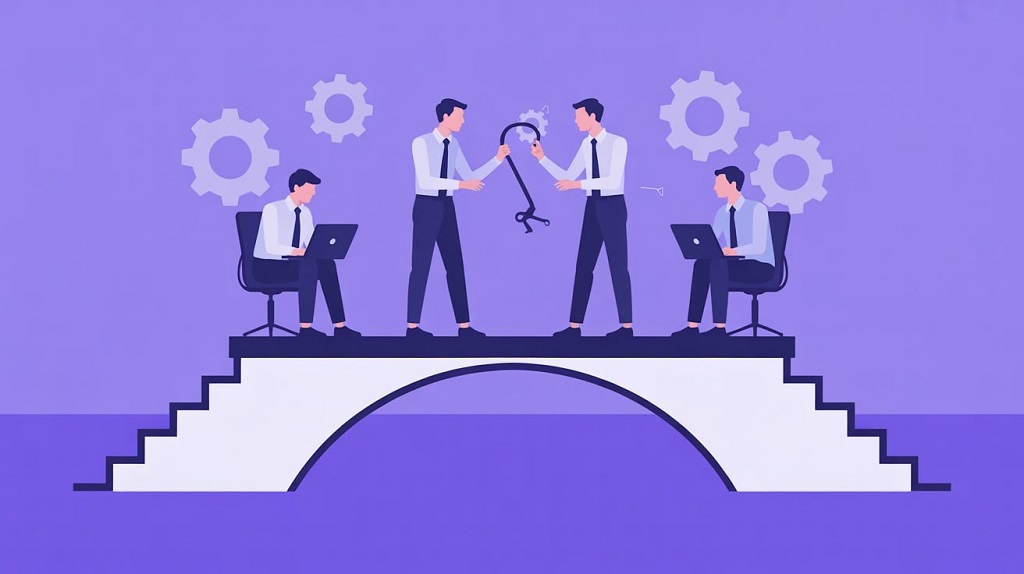 Illustration of DevOps engineers collaborating, symbolizing the bridge between software development and IT operations.