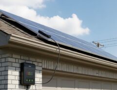 Solar panel mounted on garage roof connected to automatic door opener providing backup power during outages