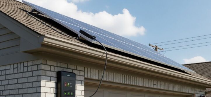 Solar panel mounted on garage roof connected to automatic door opener providing backup power during outages