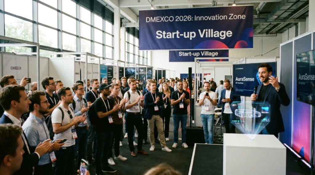 Attendees at the DMEXCO 2026 Start-up Village watching a live product pitch from an emerging tech company in the innovation zone