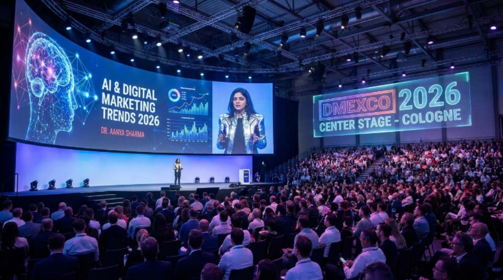 A keynote speaker presenting on artificial intelligence and digital marketing trends on the Center Stage at DMEXCO 2026 in Cologne