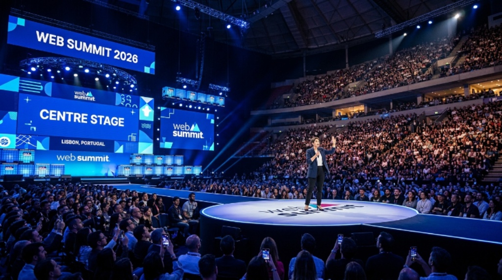 A keynote speaker addresses a packed MEO Arena crowd at Web Summit 2026 in Lisbon, Portugal, with the Centre Stage lit up in blue and white behind them