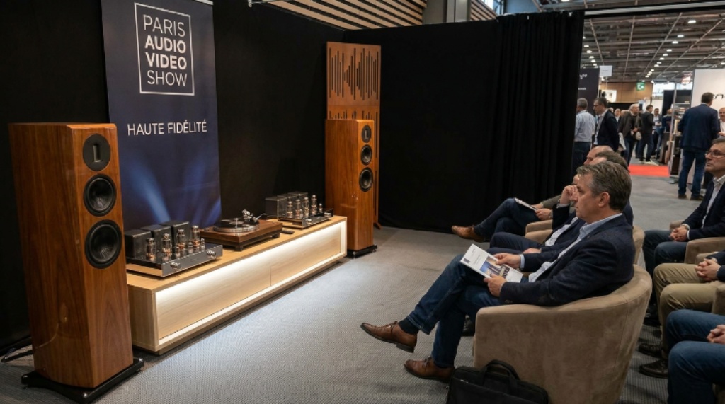Hi-fi listening room at the Paris Audio Video Show with high-end audio equipment on display