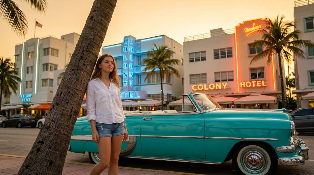 Sunset travel portrait with palm trees in Miami