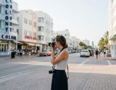 Traveler photographing Miami beach during golden hour