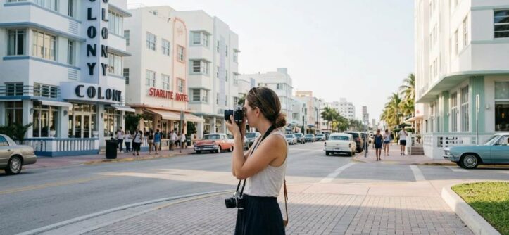 Traveler photographing Miami beach during golden hour