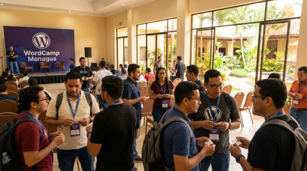 WordPress community members networking at WordCamp Managua conference