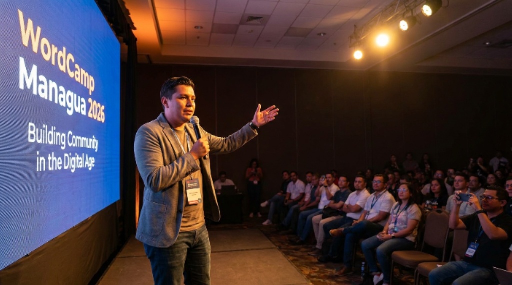 Speaker presenting at WordCamp Managua 2026 session stage