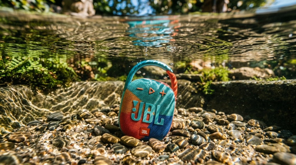 A high-quality waterproof speaker fully submerged in clear water to demonstrate durability.