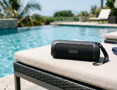 A close-up of a portable waterproof speaker sitting safely near a swimming pool edge.