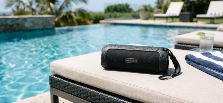 A close-up of a portable waterproof speaker sitting safely near a swimming pool edge.