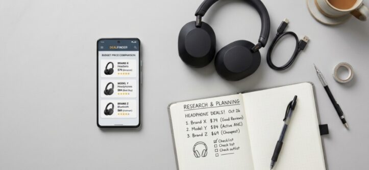 Modern wireless headphones and a smartphone on a clean grey desk.
