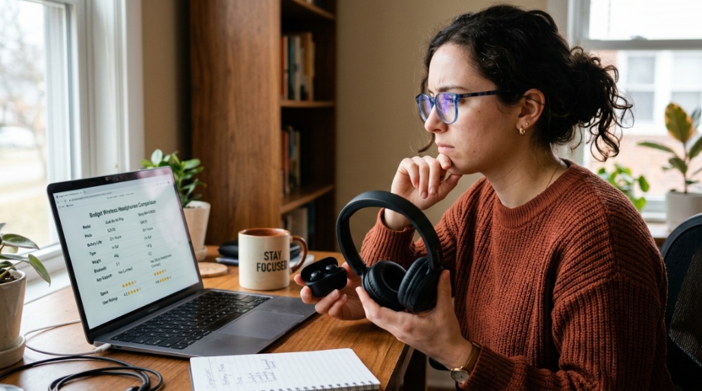 Person comparing two budget wireless headphones near a laptop screen.