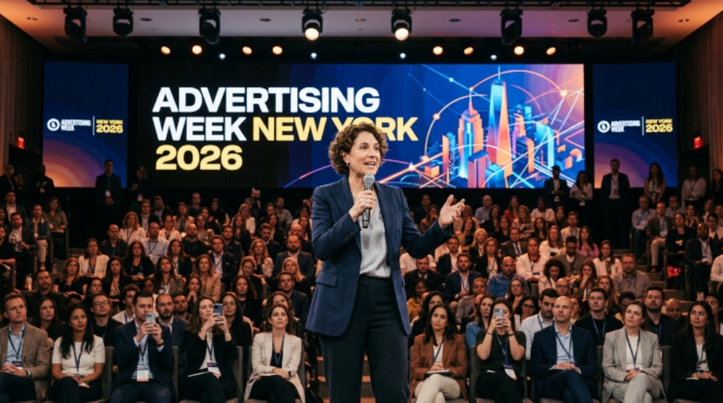 Speaker on stage at Advertising Week New York 2026 addressing an audience of advertising and media leaders