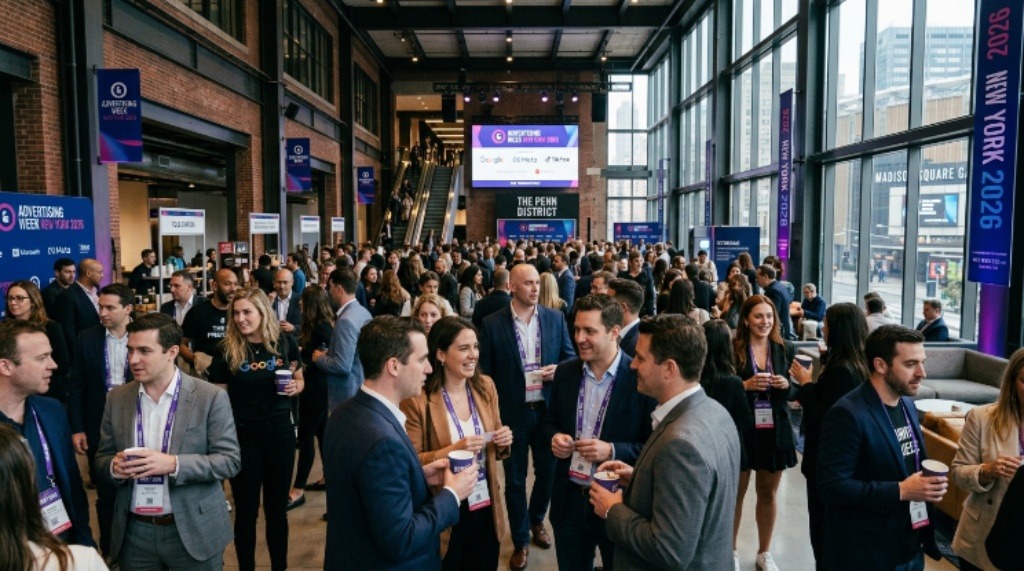 Crowd of marketing professionals networking at Advertising Week New York 2026 inside The Penn District