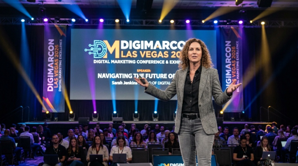 DigiMarCon speaker presenting on stage at a digital marketing event in Las Vegas 2026