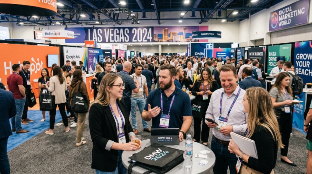 Attendees networking at a digital marketing conference exhibition hall in Las Vegas