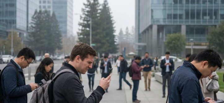 Smartphone screen displaying browser network speed test results in downtown San Jose