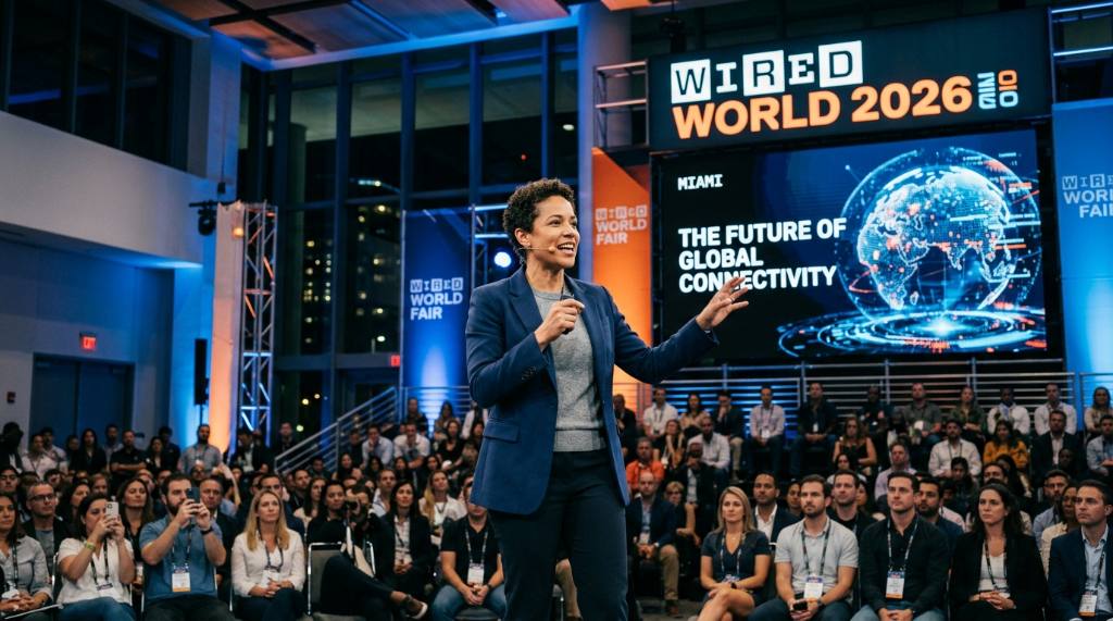 WIRED World Fair 2026 speaker presenting on stage in Miami to a live audience