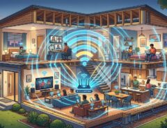 A multi-story house diagram showing strong Wi-Fi signals covering all floors.