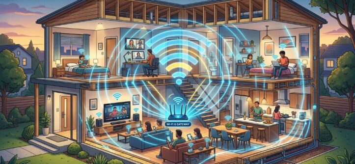 A multi-story house diagram showing strong Wi-Fi signals covering all floors.